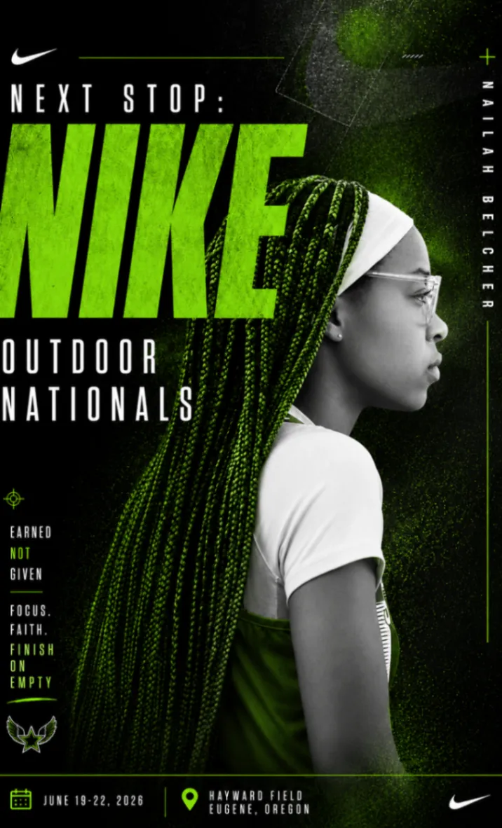 Next Stop: Nike Outdoor Nationals graphic for Nailah Belcher with June 19–22, 2026, at Hayward Field in Eugene, Oregon